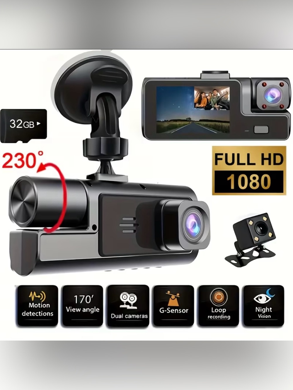 Black Dual Dash Cam with 1080P Full HD Front and Rear Cameras